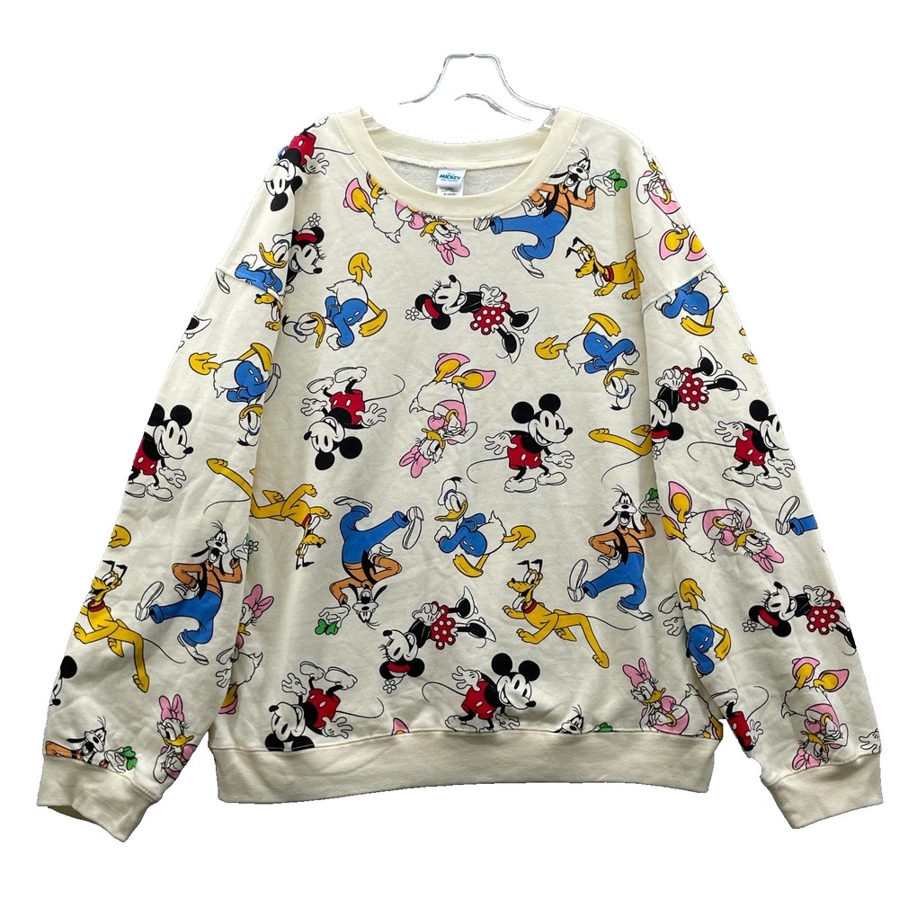 Disney Mickey & Friends Sweater Women's XL 15-17 Beige Retro All Over Print Boxy